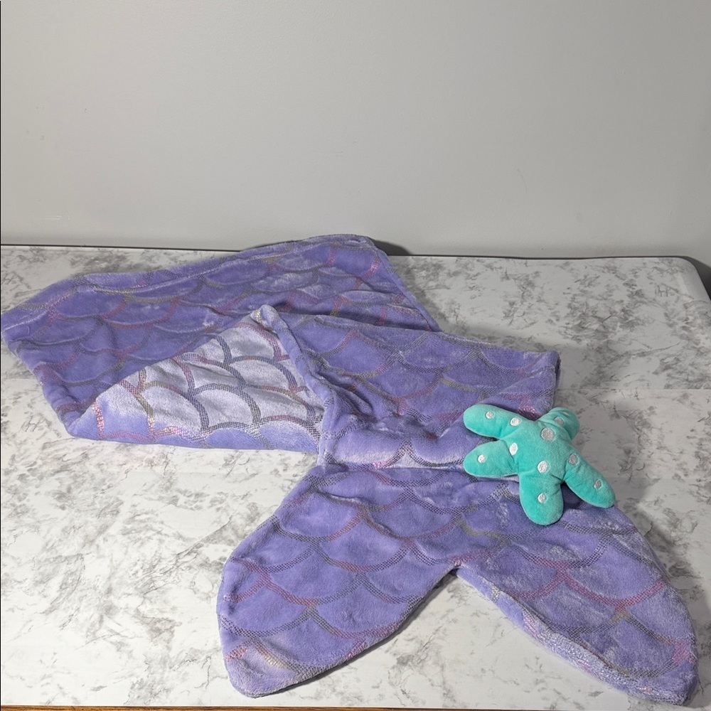 Purple Mermaid Tail Blanket with Teal Starfish for Kids